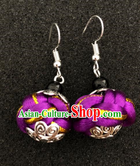 Traditional Chinese Mongol Nationality Purple Ball Ear Accessories Mongolian Ethnic Earrings for Women