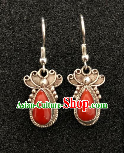 Traditional Chinese Mongol Nationality Sliver Red Ear Accessories Mongolian Ethnic Earrings for Women