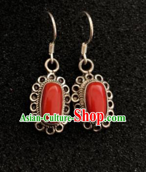 Traditional Chinese Mongol Nationality Red Stone Sliver Ear Accessories Mongolian Ethnic Earrings for Women