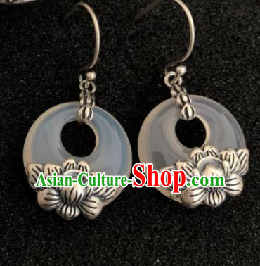 Traditional Chinese Mongol Nationality Sliver White Chalcedony Ear Accessories Mongolian Ethnic Earrings for Women