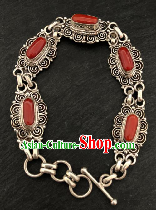 Traditional Chinese Mongol Nationality Sliver Bracelet Accessories Mongolian Ethnic Agate Bangle for Women