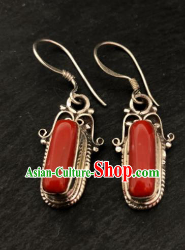 Traditional Chinese Mongol Nationality Red Ear Accessories Mongolian Ethnic Sliver Earrings for Women