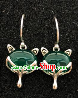 Traditional Chinese Mongol Nationality Green Crystal Fox Ear Accessories Mongolian Ethnic Sliver Earrings for Women