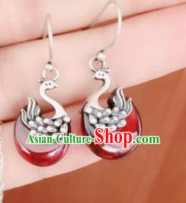 Traditional Chinese Mongol Nationality Red Swan Ear Accessories Mongolian Ethnic Sliver Earrings for Women