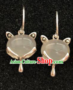 Traditional Chinese Mongol Nationality White Chalcedony Fox Ear Accessories Mongolian Ethnic Sliver Earrings for Women