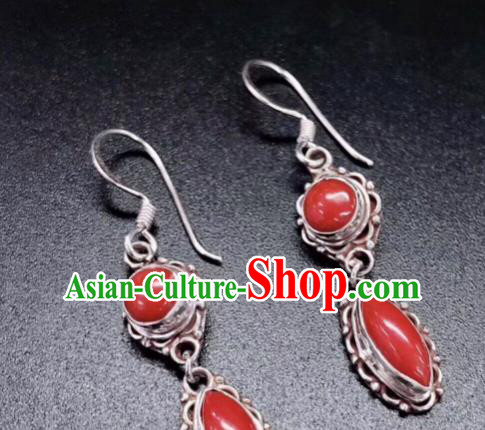 Traditional Chinese Mongol Nationality Red Ear Accessories Mongolian Ethnic Sliver Earrings for Women