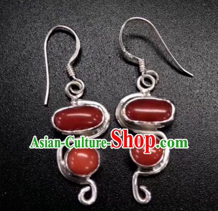 Traditional Chinese Mongol Nationality Ruby Ear Accessories Mongolian Ethnic Sliver Earrings for Women