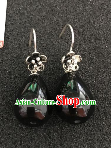 Traditional Chinese Mongol Nationality Black Stone Ear Accessories Mongolian Ethnic Earrings for Women