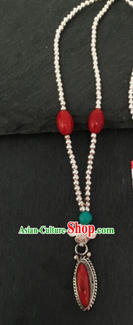 Chinese Mongol Nationality Sliver Necklet Accessories Traditional Mongolian Ethnic Red Stone Necklace for Women