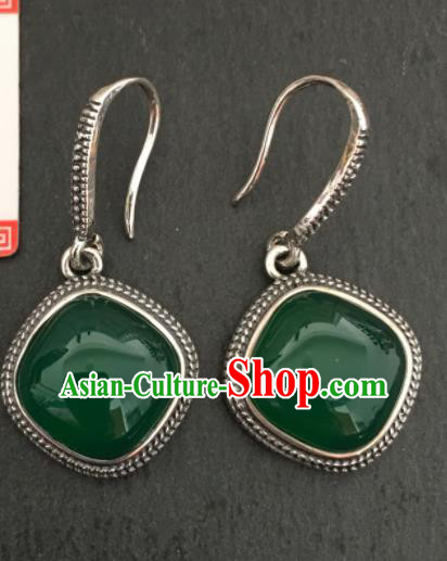 Chinese Mongol Nationality Green Chalcedony Ear Accessories Traditional Mongolian Ethnic Sliver Earrings for Women