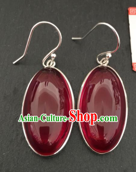 Chinese Mongol Nationality Garnet Ear Accessories Traditional Mongolian Ethnic Sliver Earrings for Women