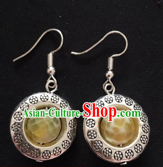 Chinese Mongol Nationality Yellow Ball Ear Accessories Traditional Mongolian Ethnic Sliver Earrings for Women