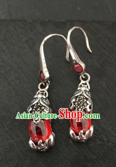 Chinese Mongol Nationality Red Garnet Ear Accessories Traditional Mongolian Ethnic Earrings for Women