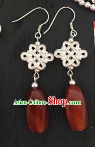 Chinese Mongol Nationality Red Agate Ear Accessories Traditional Mongolian Ethnic Earrings for Women