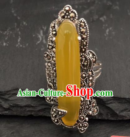 Traditional Chinese Mongol Nationality Yellow Chalcedony Ring Mongolian Ethnic Accessories for Women