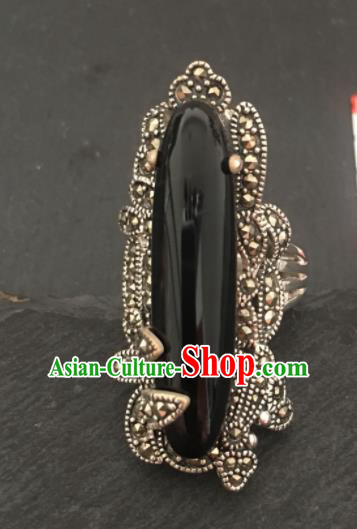 Traditional Chinese Mongol Nationality Black Chalcedony Ring Mongolian Ethnic Accessories for Women