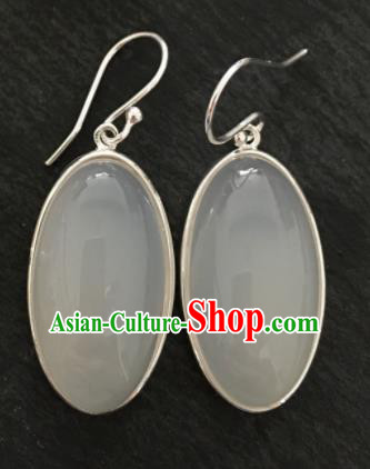 Chinese Mongol Nationality Ear Accessories Traditional Mongolian Ethnic White Chalcedony Earrings for Women
