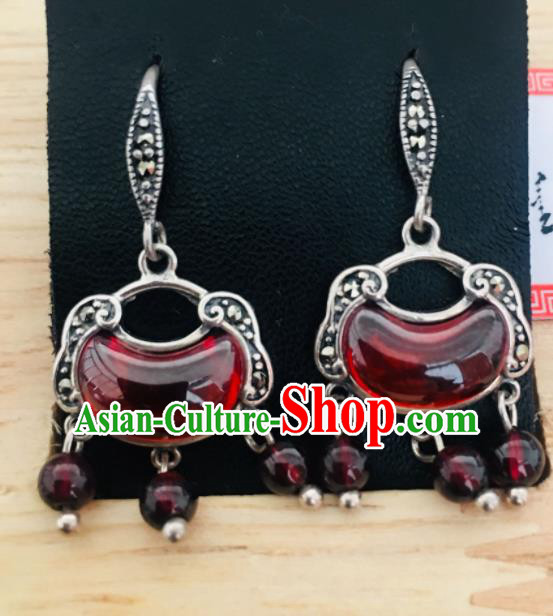 Chinese Mongol Nationality Garnet Tassel Earrings Traditional Mongolian Ethnic Ear Accessories for Women