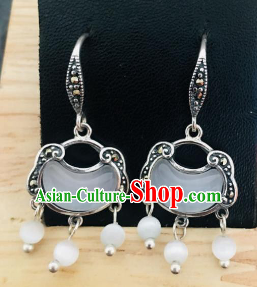 Chinese Mongol Nationality White Chalcedony Tassel Earrings Traditional Mongolian Ethnic Ear Accessories for Women