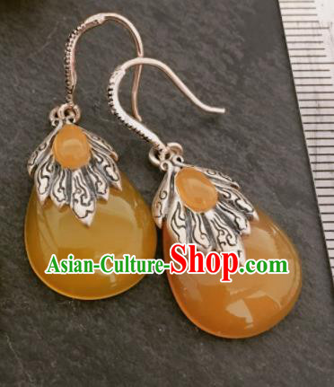 Chinese Mongol Nationality Yellow Chalcedony Earrings Traditional Mongolian Ethnic Ear Accessories for Women