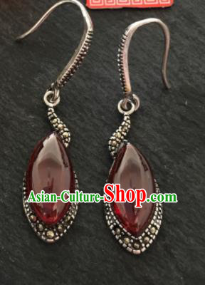 Chinese Mongol Nationality Garnet Ear Accessories Traditional Mongolian Ethnic Sliver Earrings for Women