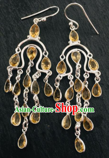 Chinese Traditional Mongol Nationality Yellow Crystal Tassel Earrings Mongolian Ethnic Ear Accessories for Women