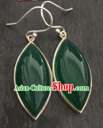 Chinese Mongol Nationality Green Chalcedony Ear Accessories Traditional Mongolian Ethnic Sliver Earrings for Women