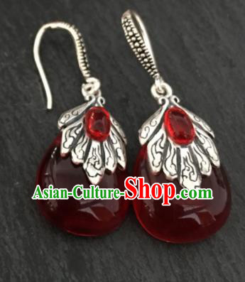 Chinese Mongol Nationality Ear Accessories Traditional Mongolian Ethnic Garnet Earrings for Women