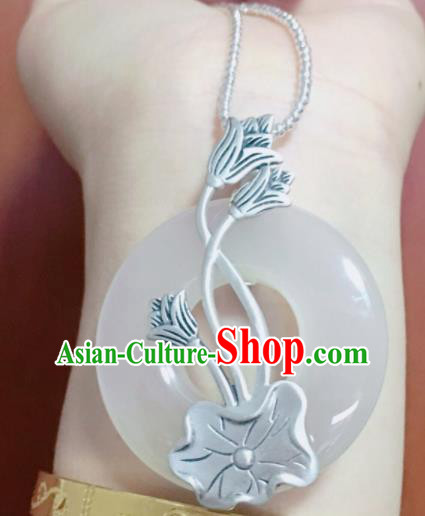 Chinese Mongol Nationality Sliver Carving Lotus White Chalcedony Necklet Pendant Accessories Traditional Mongolian Ethnic Necklace for Women