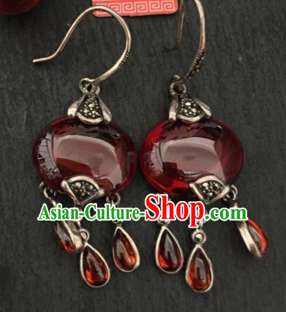 Chinese Mongol Nationality Garnet Earrings Traditional Mongolian Ethnic Garnet Ear Accessories for Women