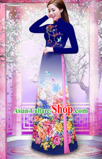 Vietnam Traditional National Printing Peony Navy Ao Dai Dress Asian Vietnamese Cheongsam for Women