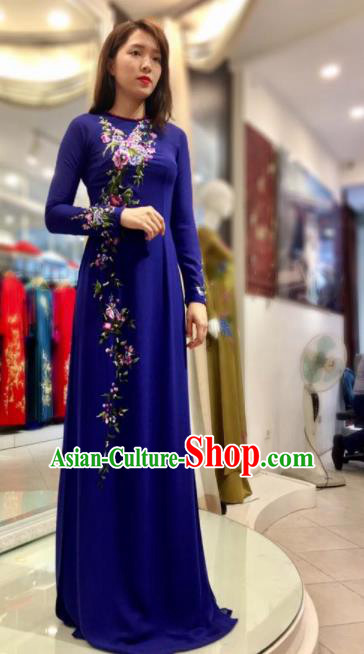 Vietnam Traditional National Wedding Deep Blue Ao Dai Dress Asian Vietnamese Cheongsam for Women