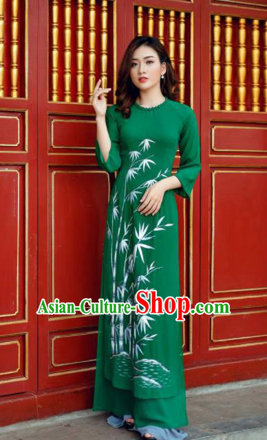 Vietnam Traditional National Printing Bamboo Green Ao Dai Dress Asian Vietnamese Cheongsam for Women