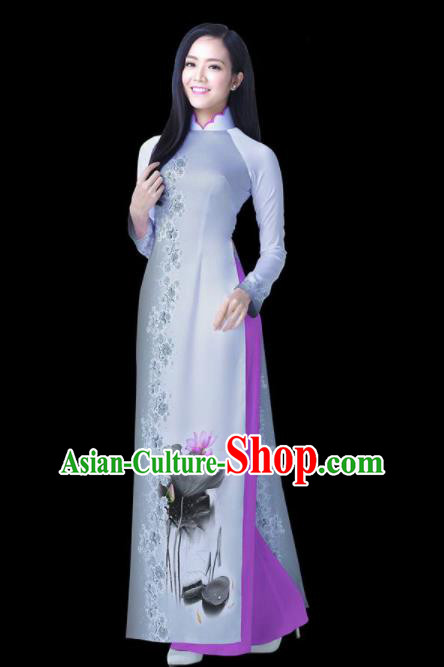 Vietnam Traditional National Ink Painting Lotus Ao Dai Dress Asian Vietnamese Cheongsam for Women