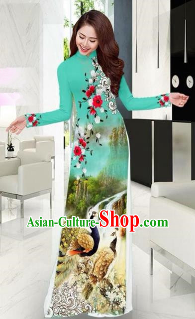 Vietnam Traditional National Printing Peacock Green Ao Dai Dress Asian Vietnamese Cheongsam for Women