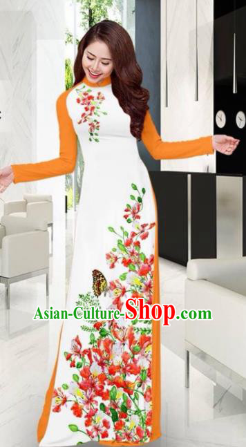 Vietnam Traditional National Printing Flowers Butterfly White Ao Dai Dress Asian Vietnamese Cheongsam for Women