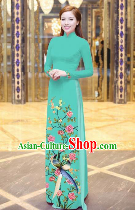 Vietnam Traditional National Printing Peony Birds Green Ao Dai Dress Asian Vietnamese Cheongsam for Women