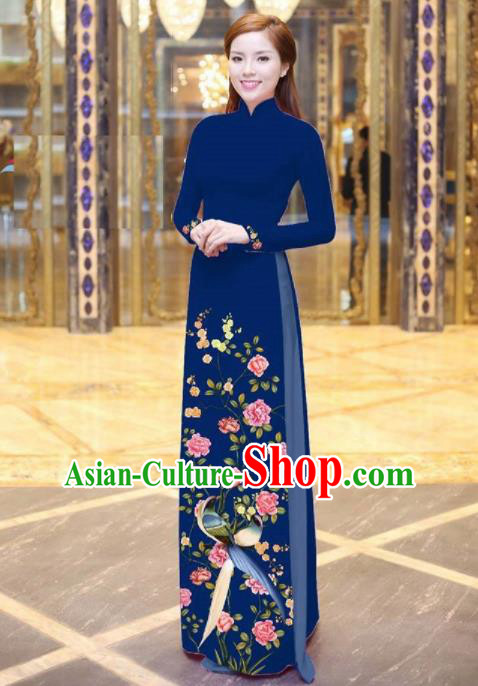 Vietnam Traditional National Printing Peony Birds Navy Ao Dai Dress Asian Vietnamese Cheongsam for Women