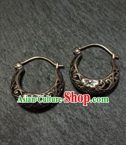 Chinese Traditional Mongol Nationality Sliver Carving Earrings Mongolian Ethnic Ear Accessories for Women