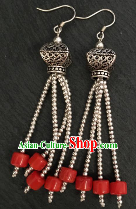 Chinese Traditional Mongol Nationality Red Earrings Mongolian Ethnic Sliver Ear Accessories for Women