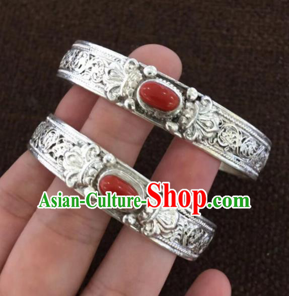 Chinese Traditional Mongol Nationality Red Stone Bracelet Mongolian Ethnic Sliver Bangle Accessories for Women
