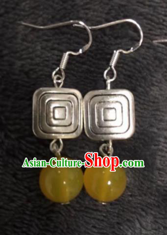 Chinese Traditional Mongol Nationality Yellow Sliver Earrings Mongolian Ethnic Ear Accessories for Women