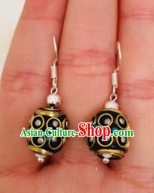 Chinese Traditional Ethnic Black Bead Earrings Mongol Nationality Ear Accessories for Women