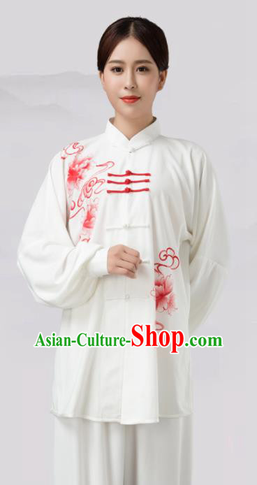 Traditional Chinese Martial Arts Competition Printing Red Peony Costume Tai Ji Kung Fu Training Clothing for Women