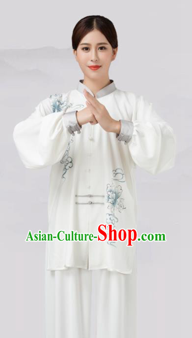 Traditional Chinese Martial Arts Competition Printing Blue Peony Costume Tai Ji Kung Fu Training Clothing for Women