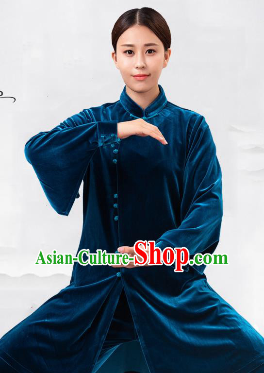 Traditional Chinese Martial Arts Competition Blue Velvet Costume Tai Ji Kung Fu Training Clothing for Women