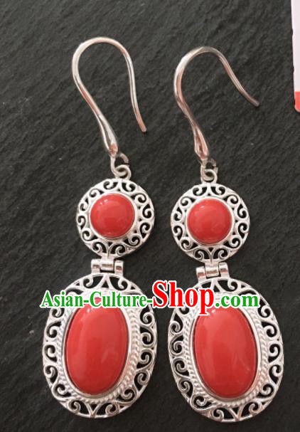 Chinese Traditional Mongol Nationality Coral Stone Earrings Mongolian Ethnic Sliver Ear Accessories for Women