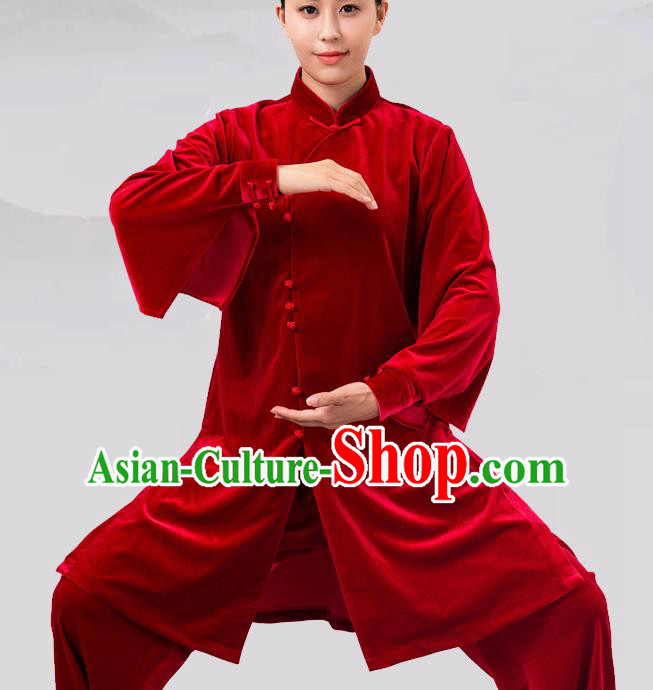 Traditional Chinese Martial Arts Competition Red Velvet Costume Tai Ji Kung Fu Training Clothing for Women