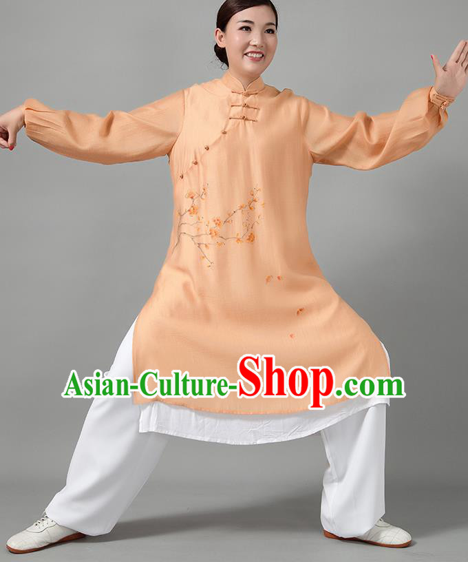 Traditional Chinese Martial Arts Printing Plum Blossom Orange Costume Tai Ji Kung Fu Competition Clothing for Women