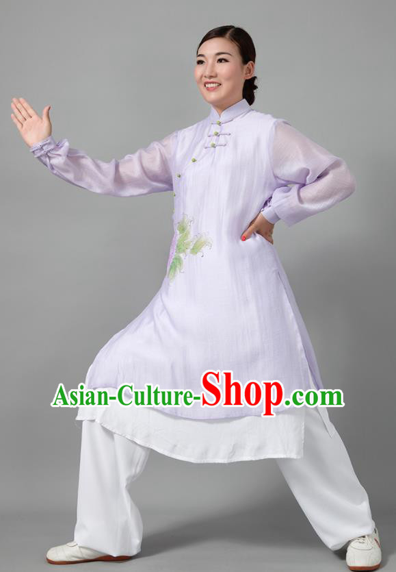 Traditional Chinese Martial Arts Printing Peony Purple Costume Tai Ji Kung Fu Competition Clothing for Women